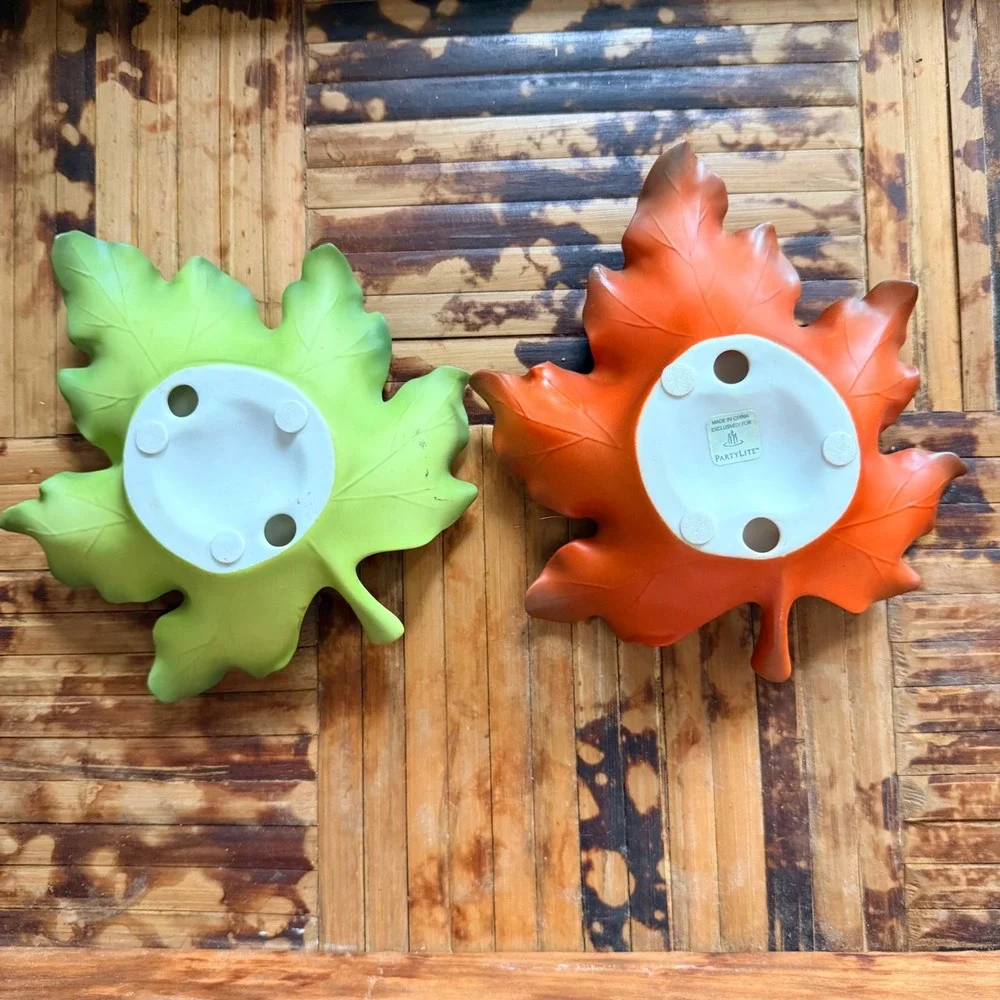 PartyLite Leaf Candle Holders Set 2 Orange Green Excellent Autumn Decor
